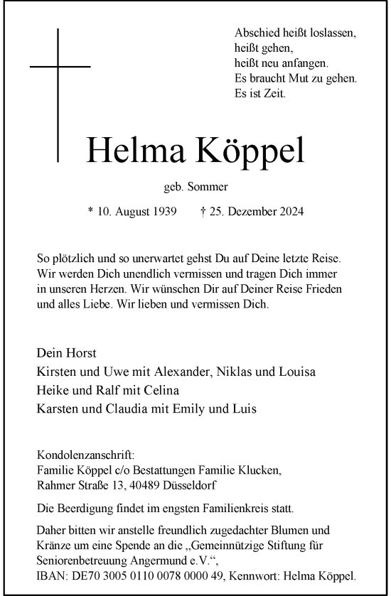 Traueranzeige von Helma Köppel von Rheinische Post