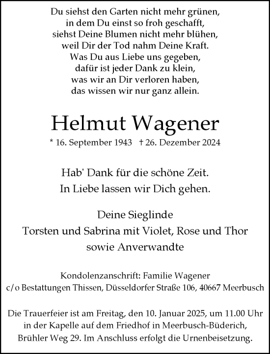 Traueranzeige von Helmut Wagener von Rheinische Post