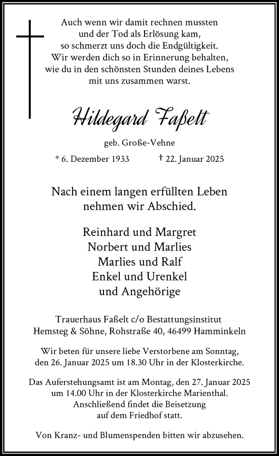 Todesanzeige von Hildegard Faßelt von Rheinische Post