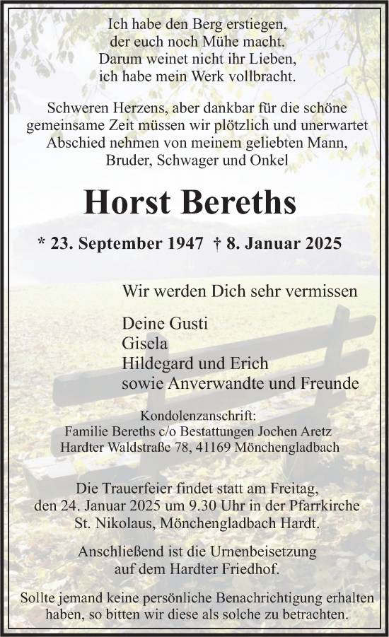 Todesanzeige von Horst Bereths von Rheinische Post