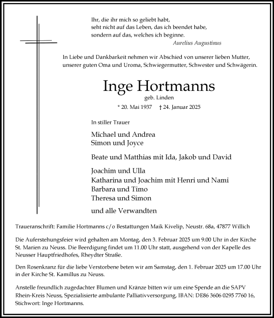 Traueranzeige von Inge Hortmanns von Rheinische Post