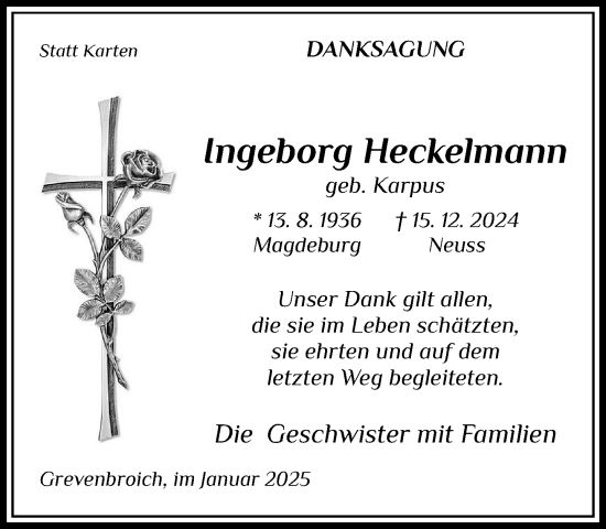 Traueranzeige von Ingeborg Heckelmann von Rheinische Post