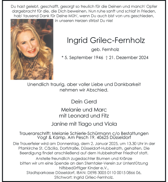 Traueranzeige von Ingrid Grilec-Fernholz von Rheinische Post