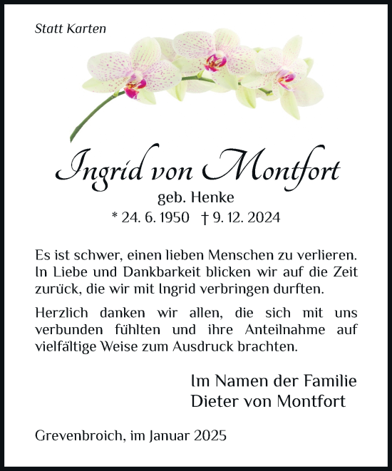 Traueranzeige von Ingrid von Montfort von Rheinische Post