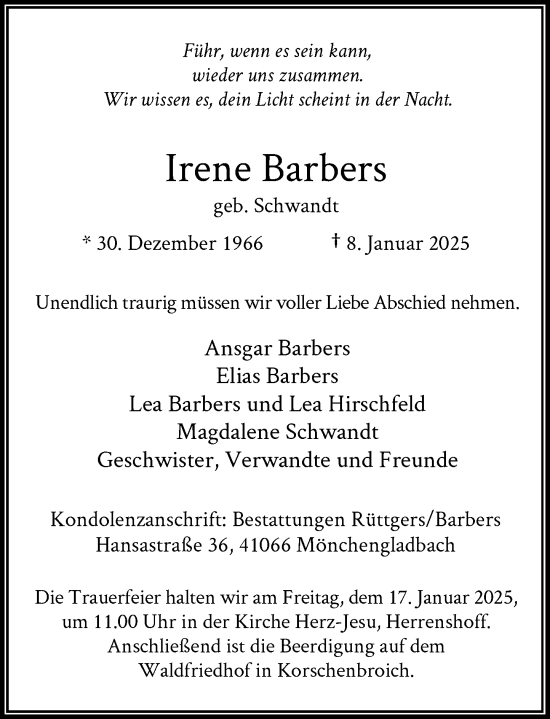 Todesanzeige von Irene Barbers von Rheinische Post