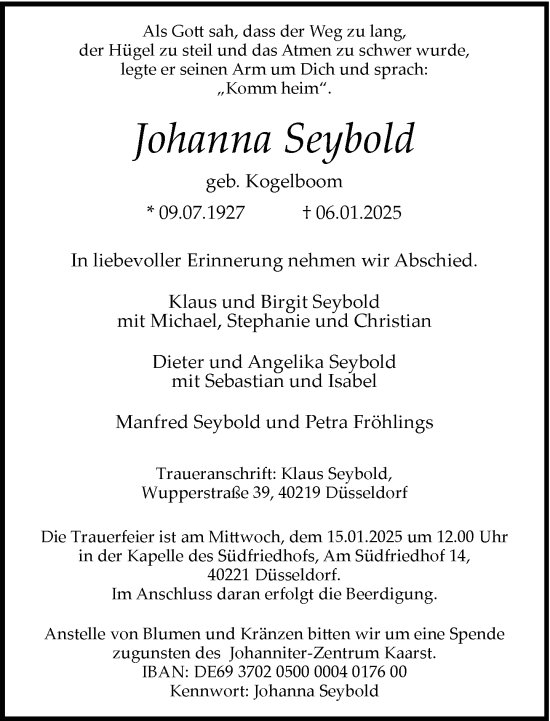 Todesanzeige von Johanna Seybold von Rheinische Post