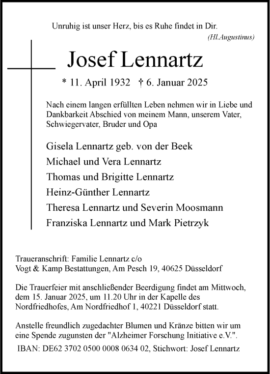 Todesanzeige von Josef Lennartz von Rheinische Post