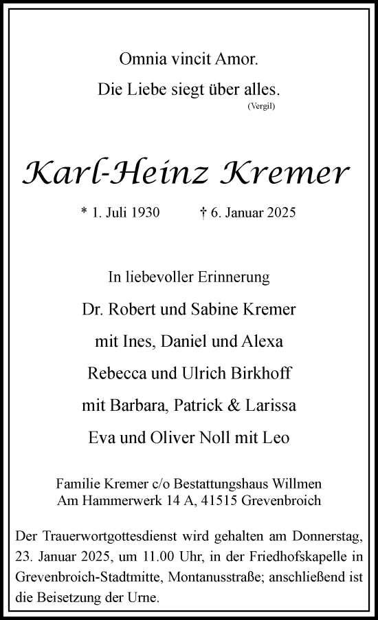 Todesanzeige von Karl-Heinz Kremer von Rheinische Post