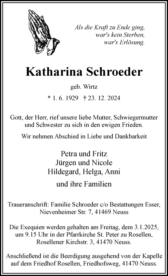 Traueranzeige von Katharina Schroeder von Rheinische Post