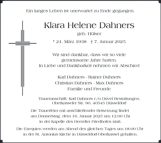 Todesanzeige von Klara Helene Dahners von Rheinische Post