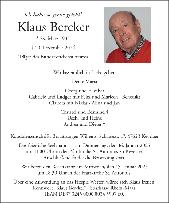 Traueranzeige von Klaus Bercker von Rheinische Post