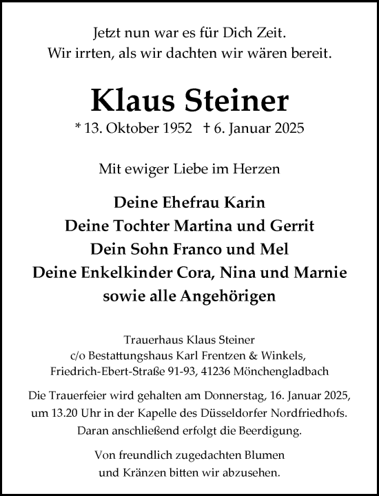 Todesanzeige von Klaus Steiner von Rheinische Post