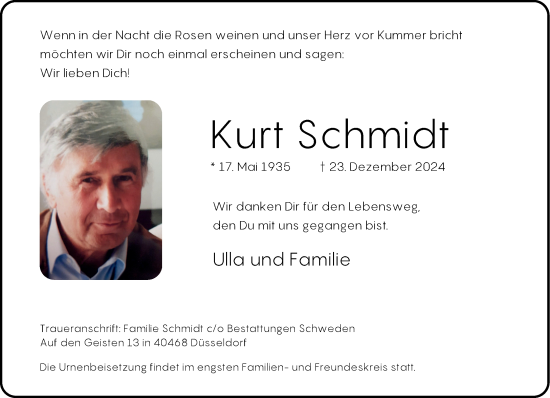 Traueranzeige von Kurt Schmidt von Rheinische Post