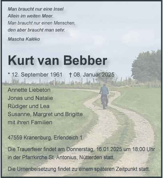 Todesanzeige von Kurt van Bebber von Rheinische Post