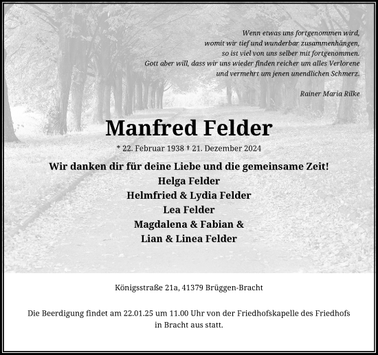 Traueranzeige von Manfred Felder von Rheinische Post