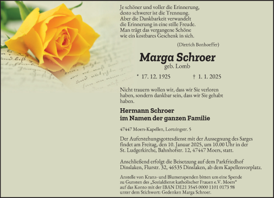 Traueranzeige von Marga Schroer von Rheinische Post