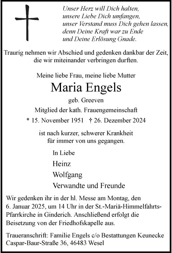 Traueranzeige von Maria Engels von Rheinische Post