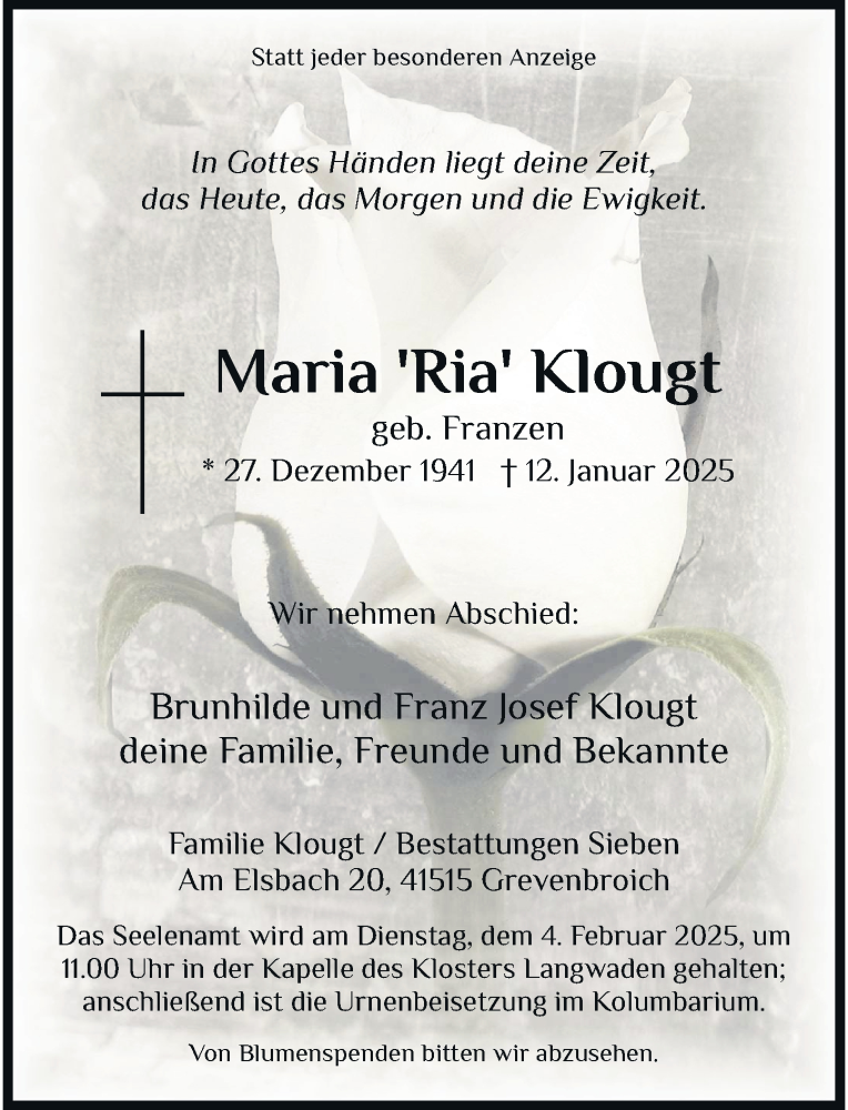  Traueranzeige für Maria Klougt vom 01.02.2025 aus Rheinische Post