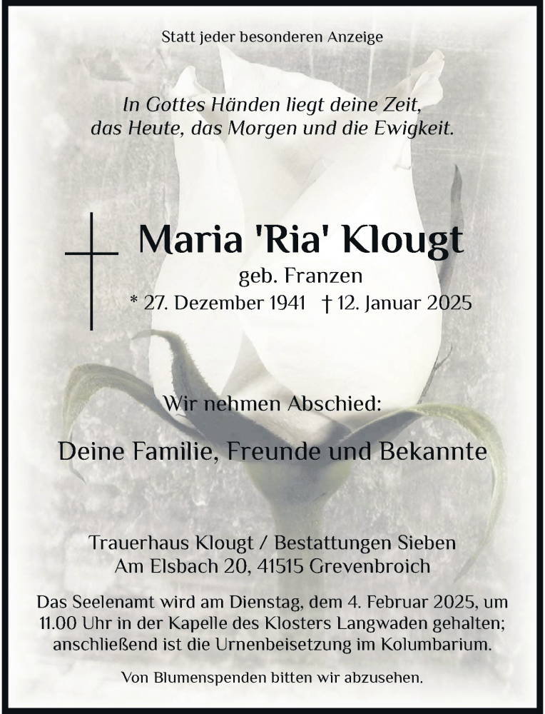  Traueranzeige für Maria Klougt vom 01.02.2025 aus Rheinische Post