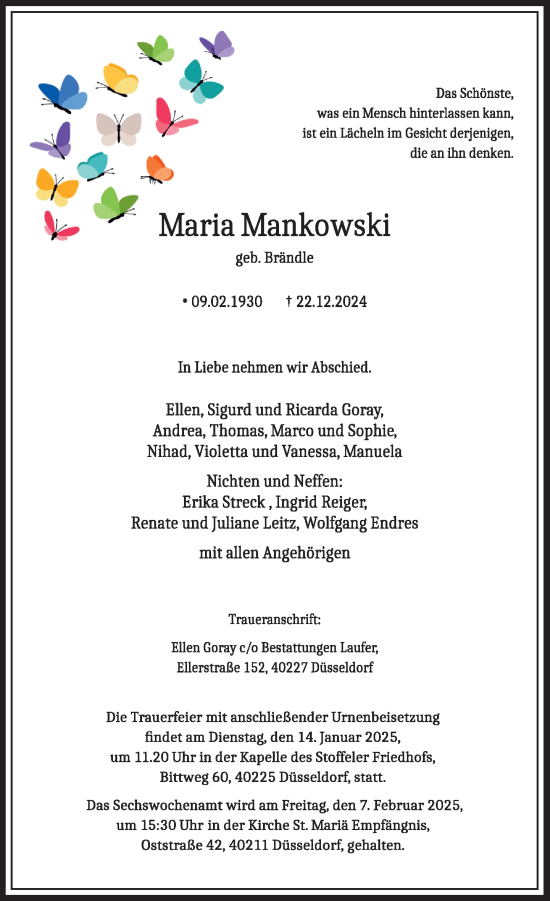 Traueranzeige von Maria Mankowski von Rheinische Post