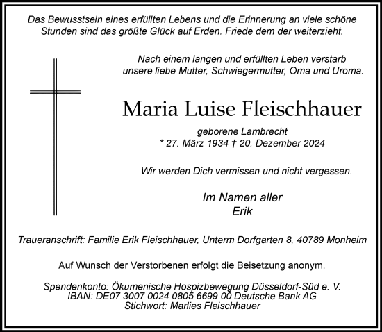 Traueranzeige von Maria Luise Fleischhauer von Rheinische Post