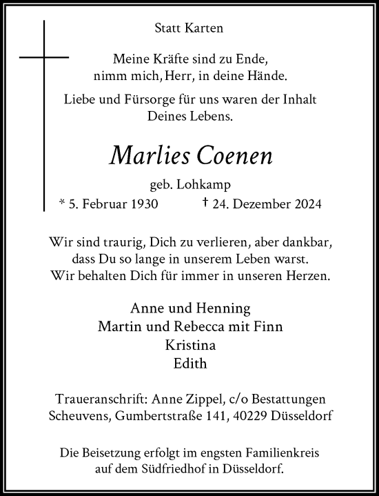 Traueranzeige von Marlies Coenen von Rheinische Post