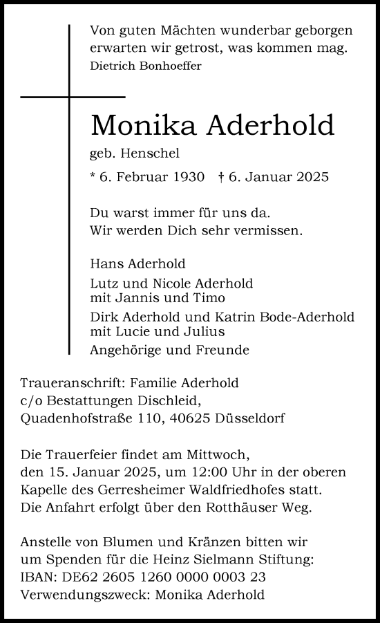 Todesanzeige von Monika Aderhold von Rheinische Post