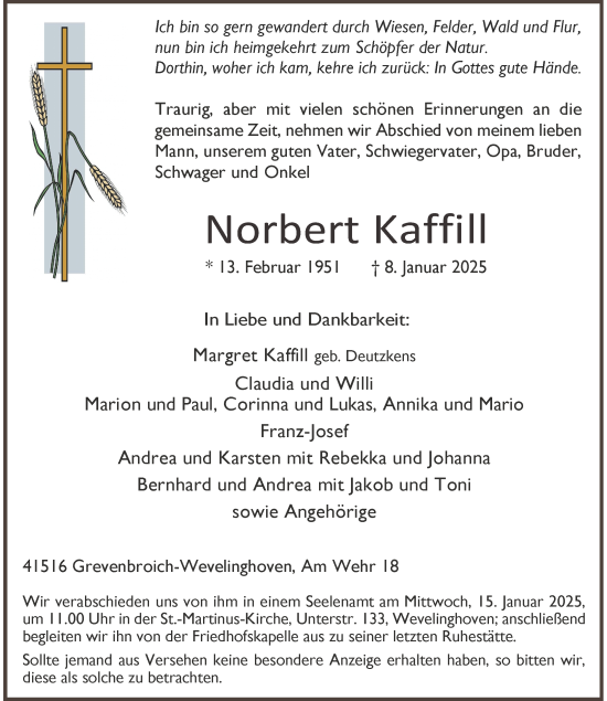 Todesanzeige von Norbert Kaffill von Rheinische Post