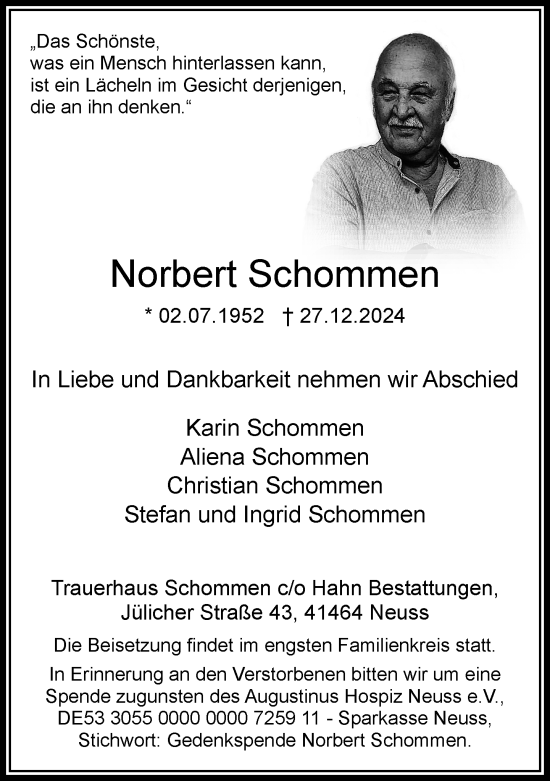 Traueranzeige von Norbert Schommen von Rheinische Post