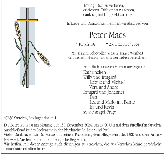 Traueranzeige von Peter Maes von Rheinische Post