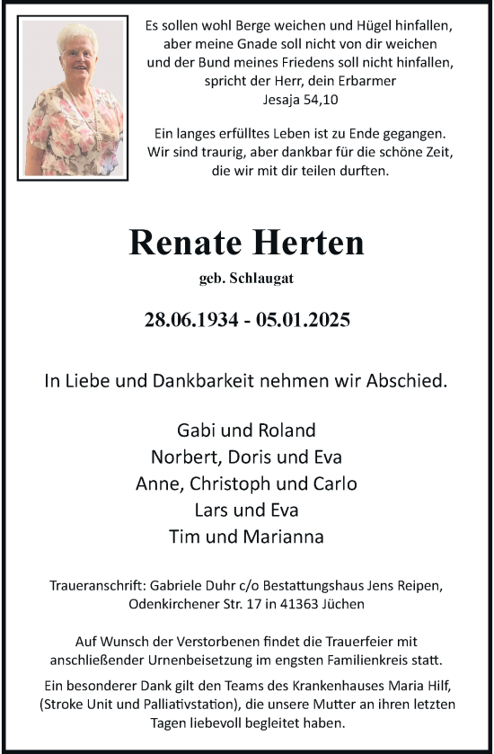 Todesanzeige von Renate Herten von Rheinische Post