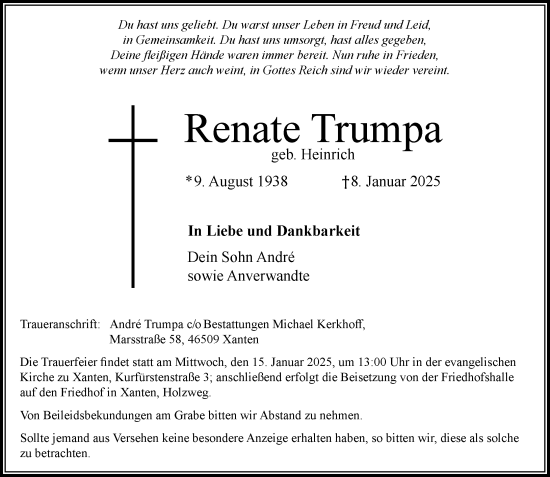 Todesanzeige von Renate Trumpa von Rheinische Post