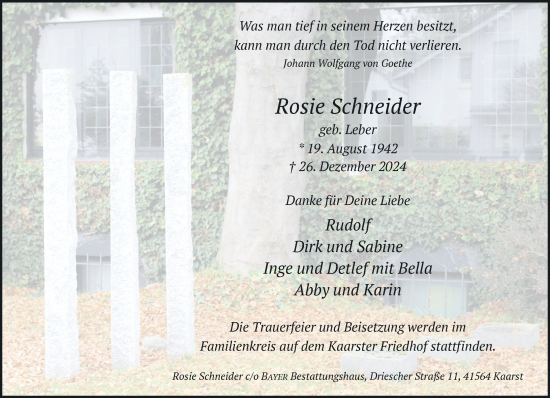 Traueranzeige von Rosie Schneider von Rheinische Post