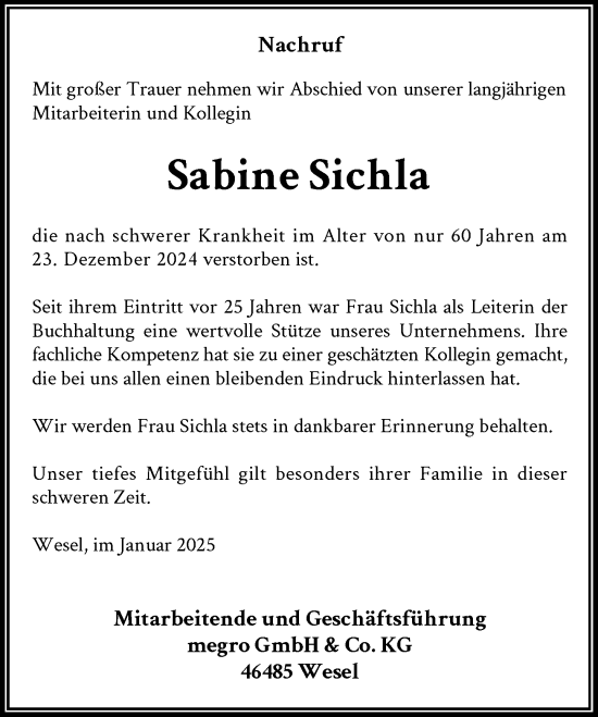 Traueranzeige von Sabine Sichla von Rheinische Post