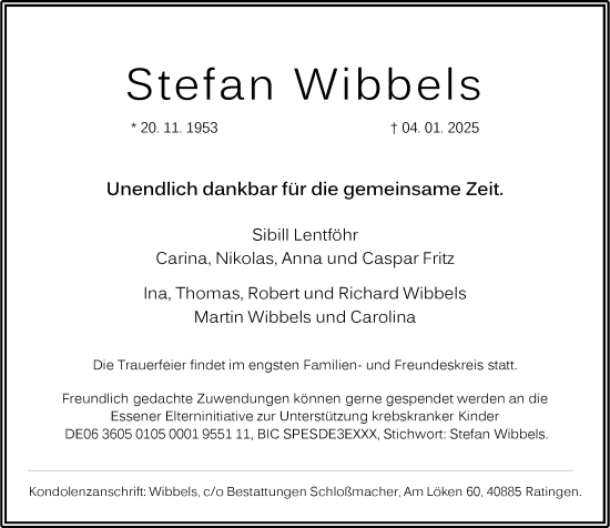 Todesanzeige von Stefan Wibbels von Rheinische Post