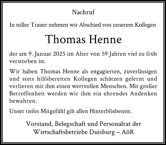 Todesanzeige von Thomas Henne von Rheinische Post