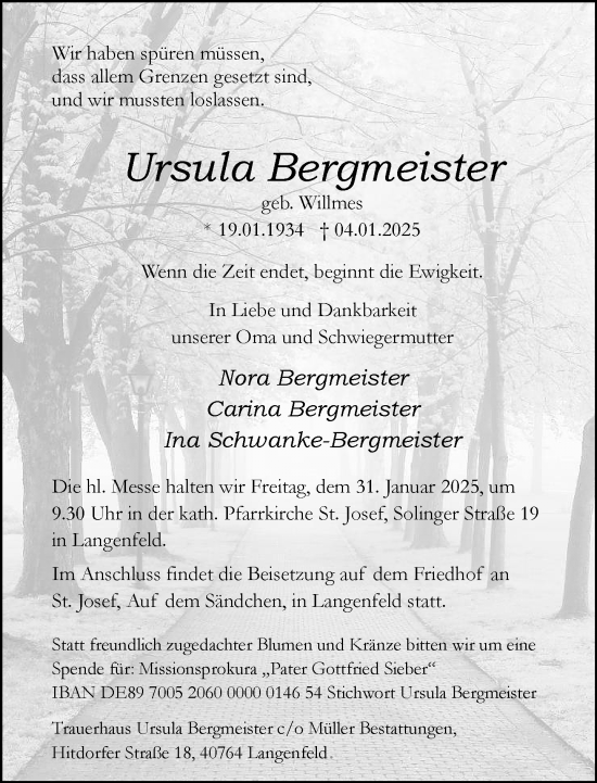 Todesanzeige von Ursula Bergmeister von Rheinische Post