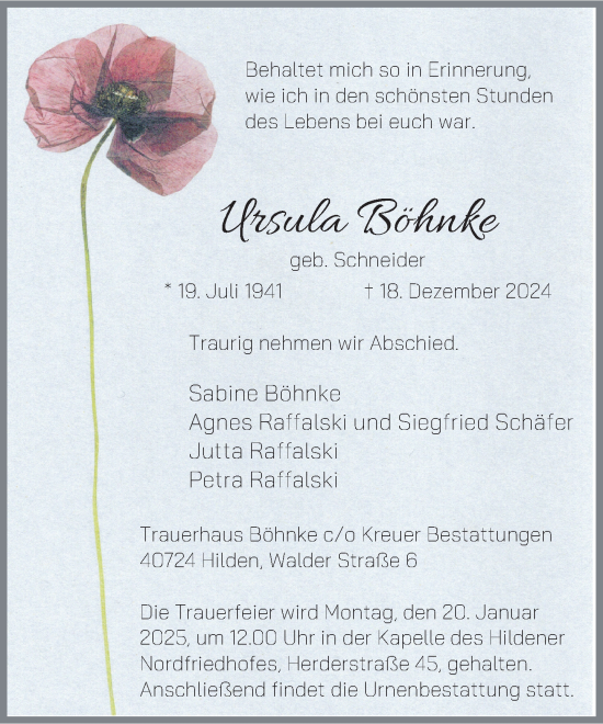 Traueranzeige von Ursula Böhnke von Rheinische Post