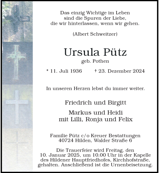 Traueranzeige von Ursula Pütz von Rheinische Post