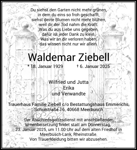 Todesanzeige von Waldemar Ziebell von Rheinische Post