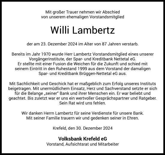 Traueranzeige von Willi Lambertz von Rheinische Post