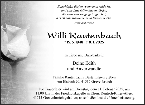 Traueranzeige von Willi Rautenbach von Rheinische Post