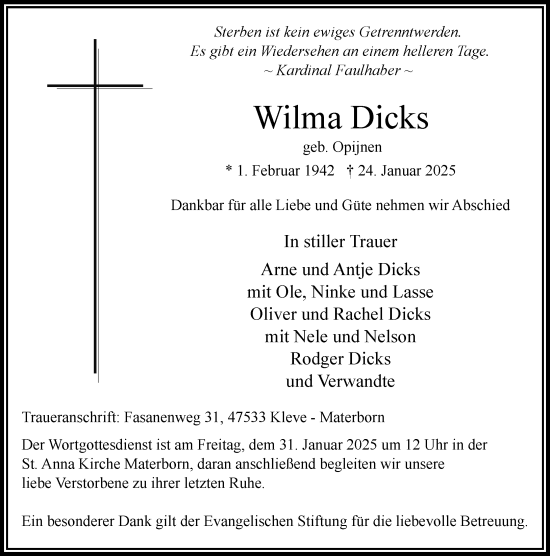 Todesanzeige von Wilma Dicks von Rheinische Post