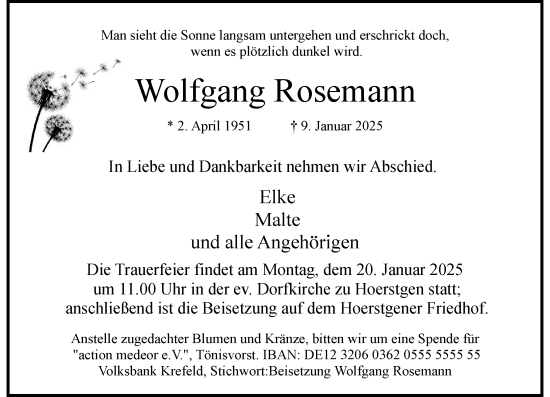 Todesanzeige von Wolfgang Rosemann von Rheinische Post