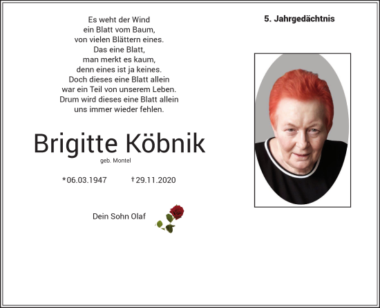 Traueranzeige von Brigitte Köbnik von Rheinische Post