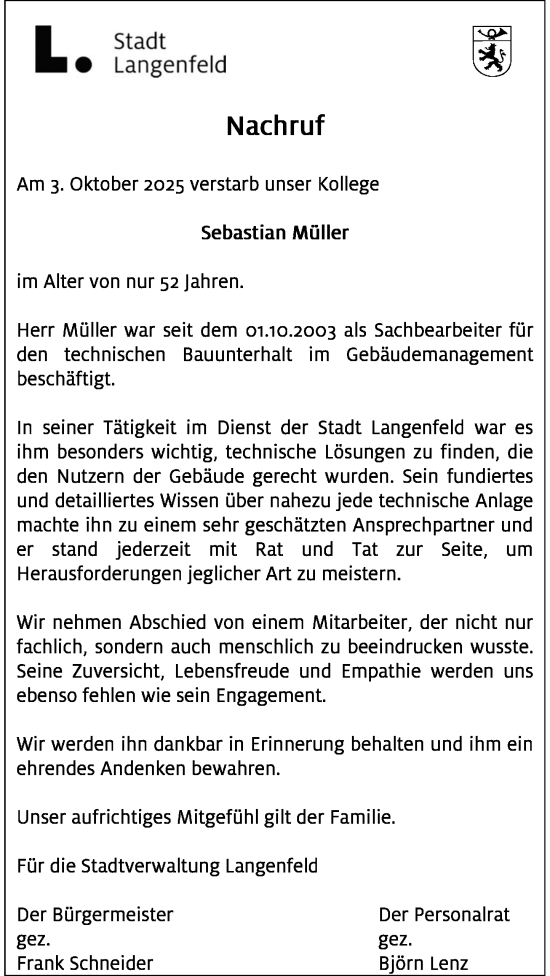 Traueranzeige von Sebastian Müller von Rheinische Post