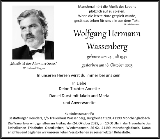 Traueranzeige von Wolfgang Hermann Wassenberg von Rheinische Post