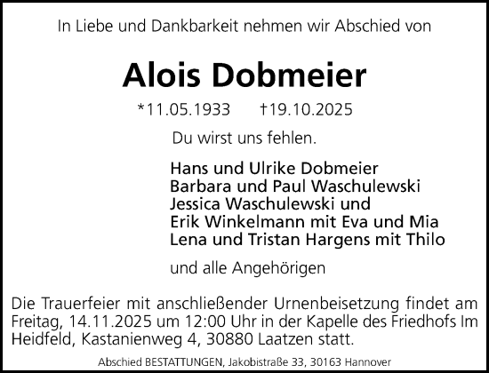 Traueranzeige von Alois Dobmeier von Rheinische Post