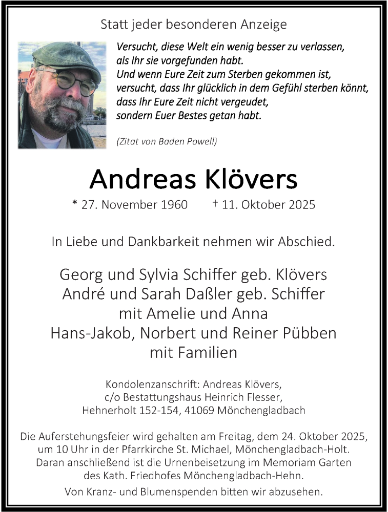  Traueranzeige für Andreas Klövers vom 18.10.2025 aus Rheinische Post
