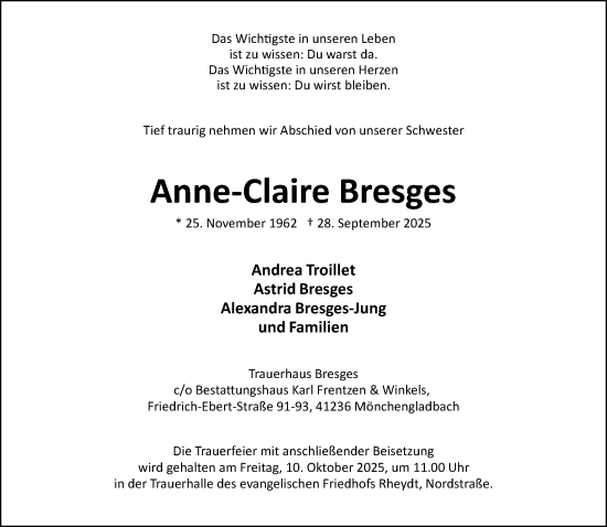 Traueranzeige von Anne-Claire Bresges von Rheinische Post